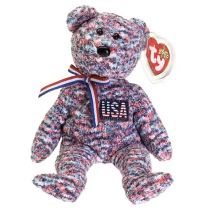 New Beanie Baby with Tags. John the Blue Patriotic Bear with Flag on Chest 